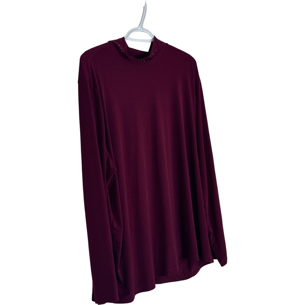 Susan Graver Occasions Top Women 2X Wine Liquid Knit Embellished Mock Neck - Picture 7 of 16